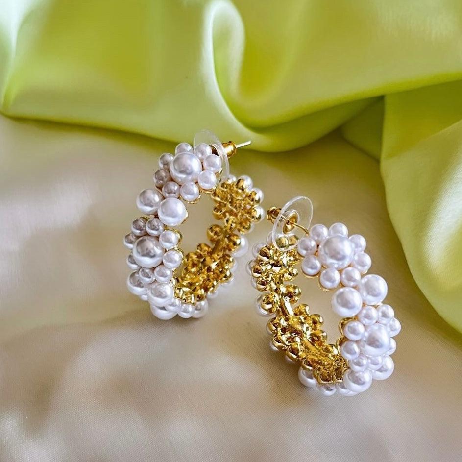 CLUSTER FLOWER PEARL HOOP EARRINGS - House Of Shikha