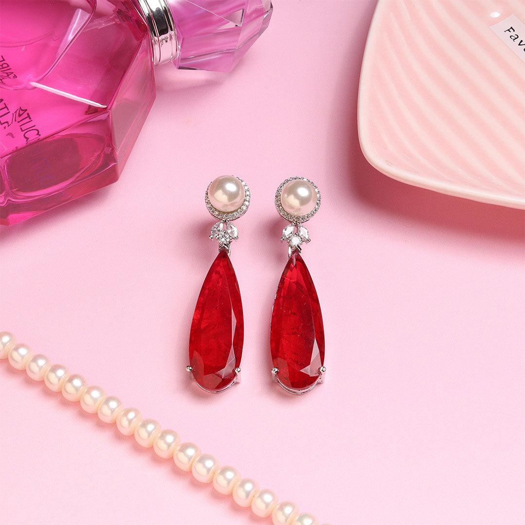 SOHAA - RED DOUBLET DROP EARINGS - House Of Shikha