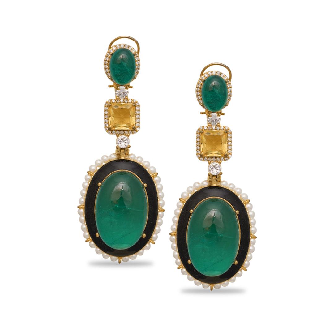 SABAH - GREEN DOUBLET DANGLER EARRINGS - House Of Shikha