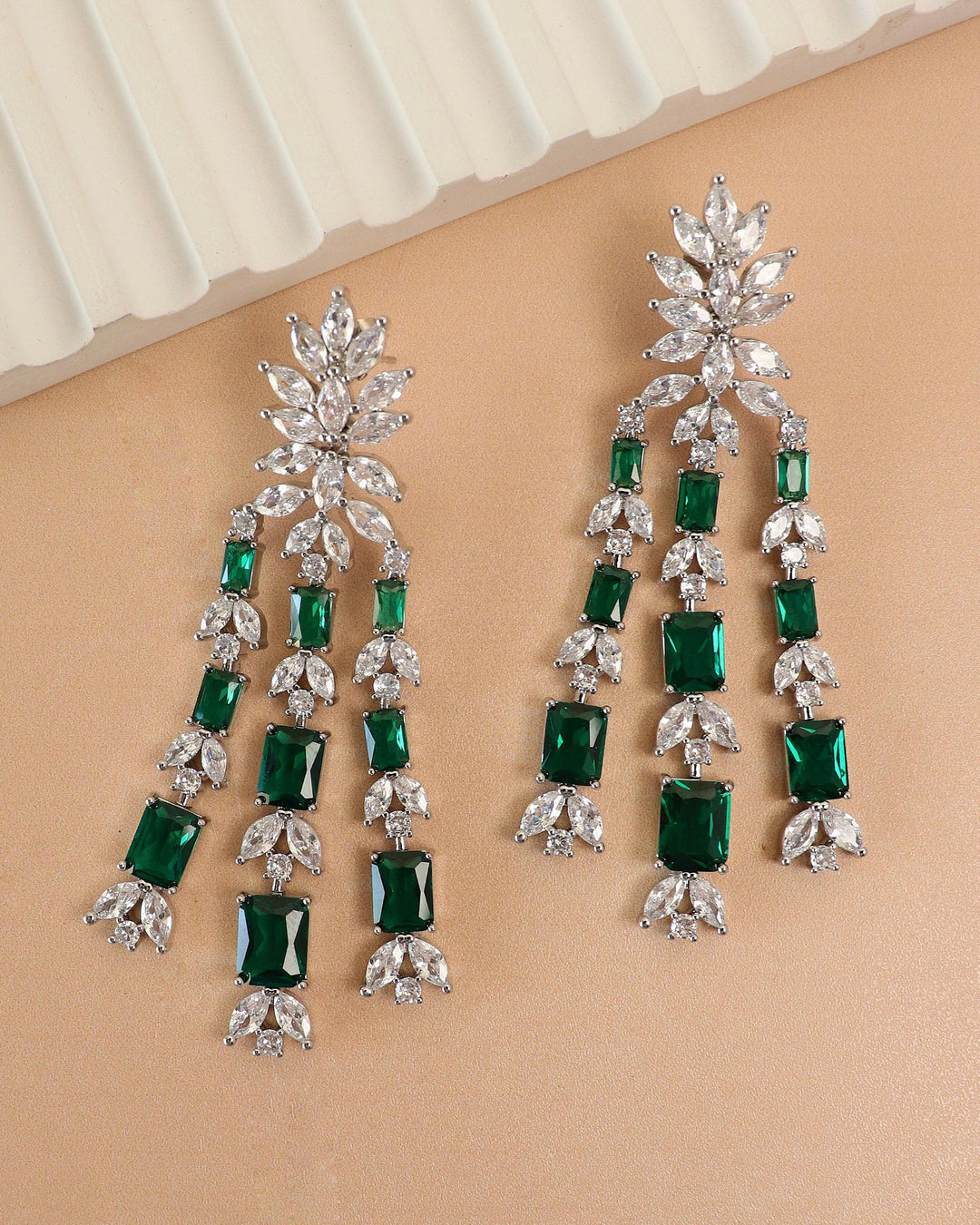 SARA RAINFALL - GREEN CZ EARRINGS - House Of Shikha