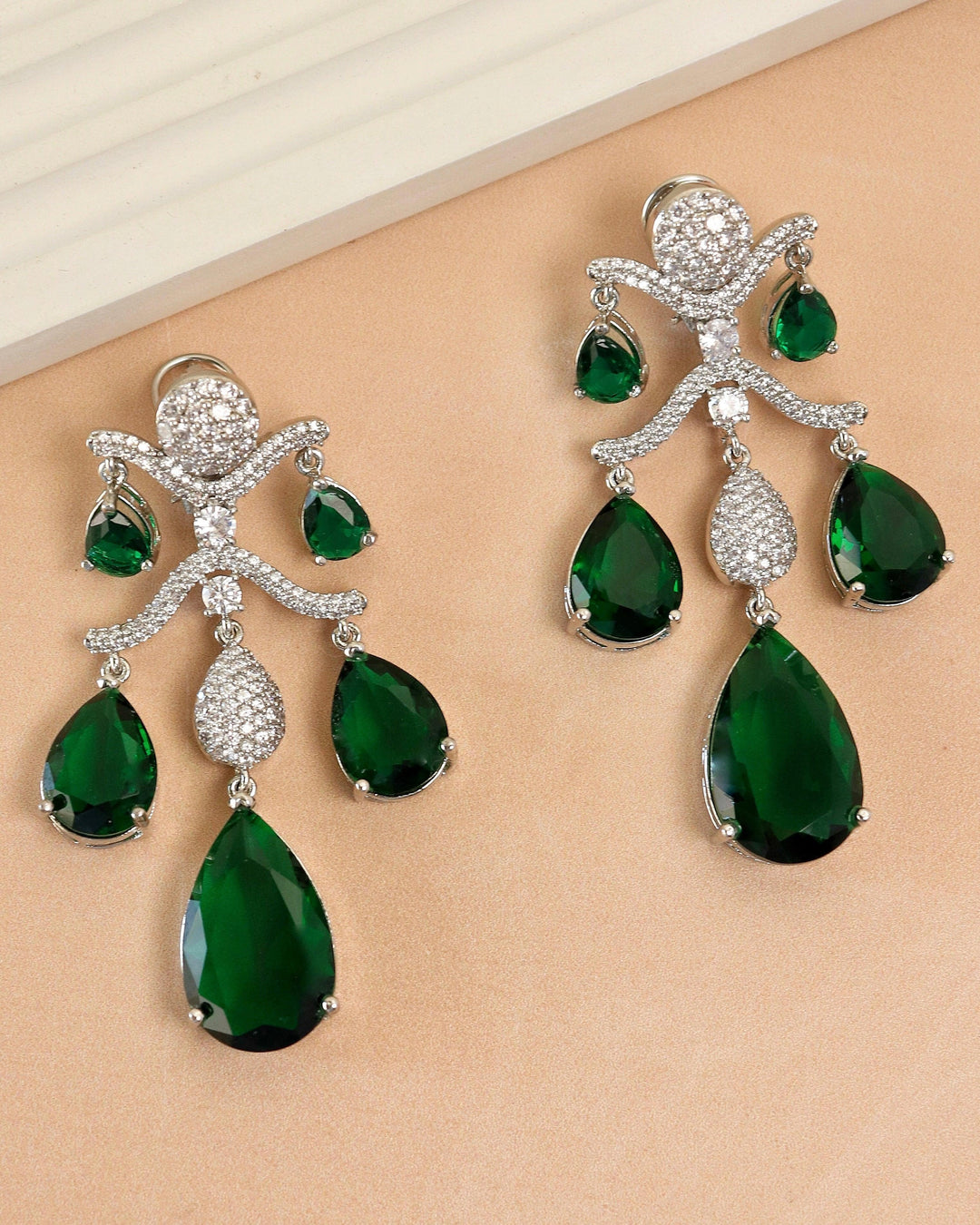 ANAY - GREEN CZ DROP EARRINGS - House Of Shikha