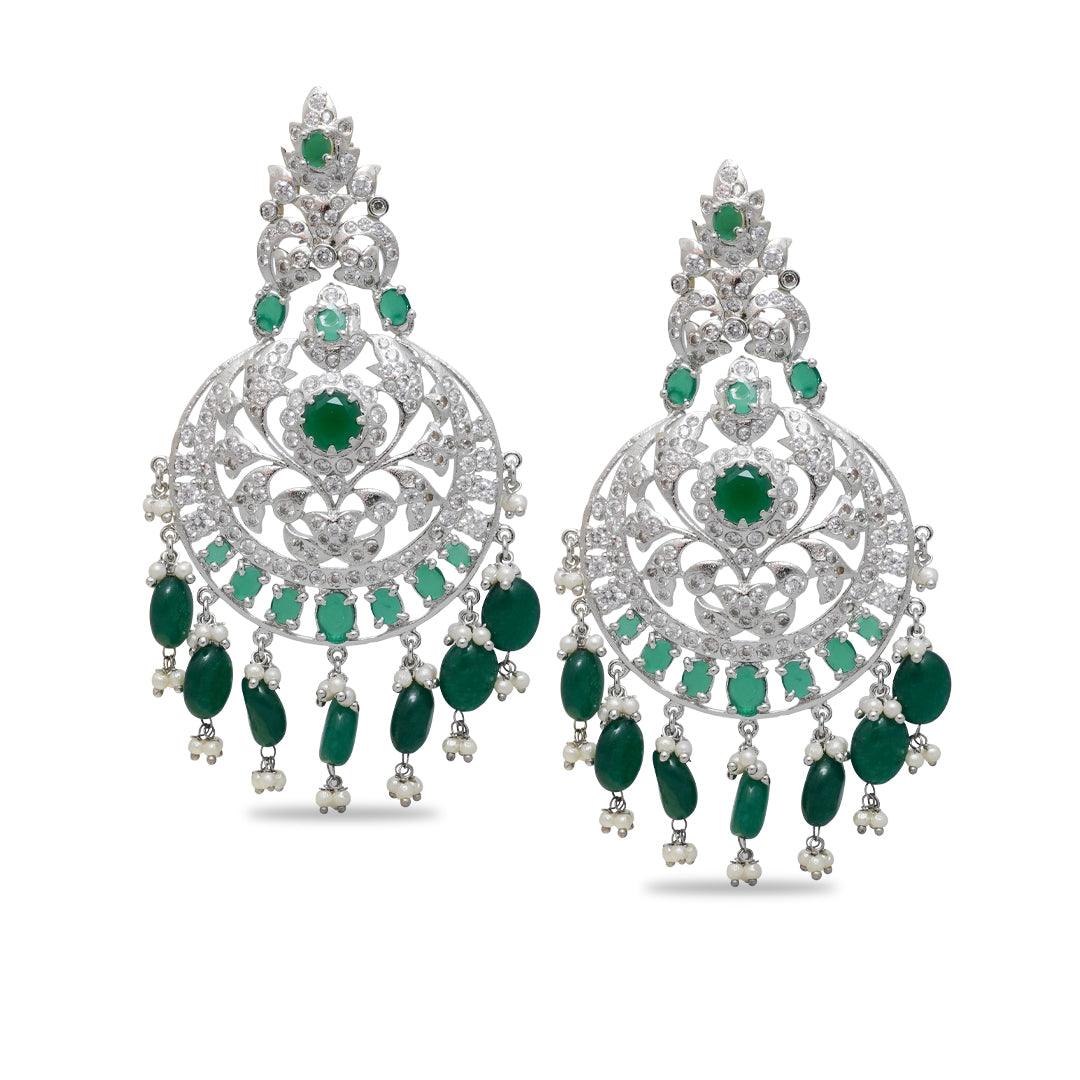 ARZU - GREEN CZ CHANDBALI EARRINGS - House Of Shikha